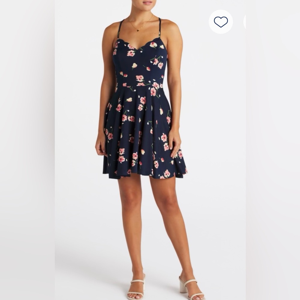 The General Good Floral Fit & Flare Dress Navy Pink Scalloped Neck Medium